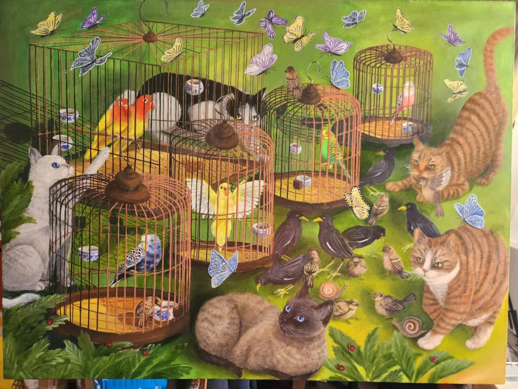 Danielle Art Original Acrylic and Oil Paintings Painting of cats and birds in cages with butterflies, reflecting craft and detail.