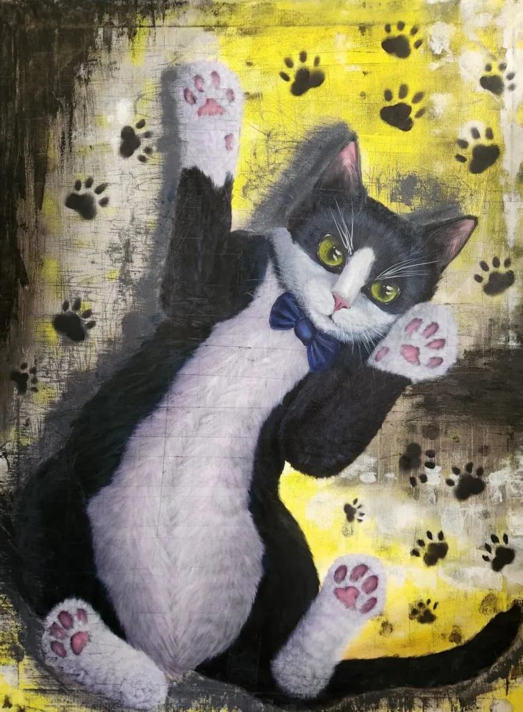 Danielle Art Original Acrylic and Oil Paintings Playful Tuxedo Cat painting with paw prints on a textured yellow and black background.