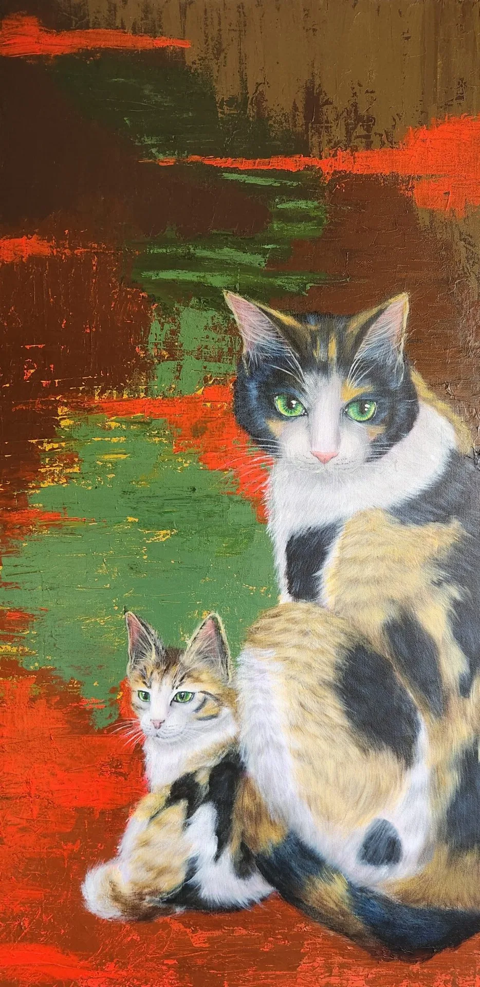 Mum and Kid cat painting of a mother calico cat and kitten resting together.