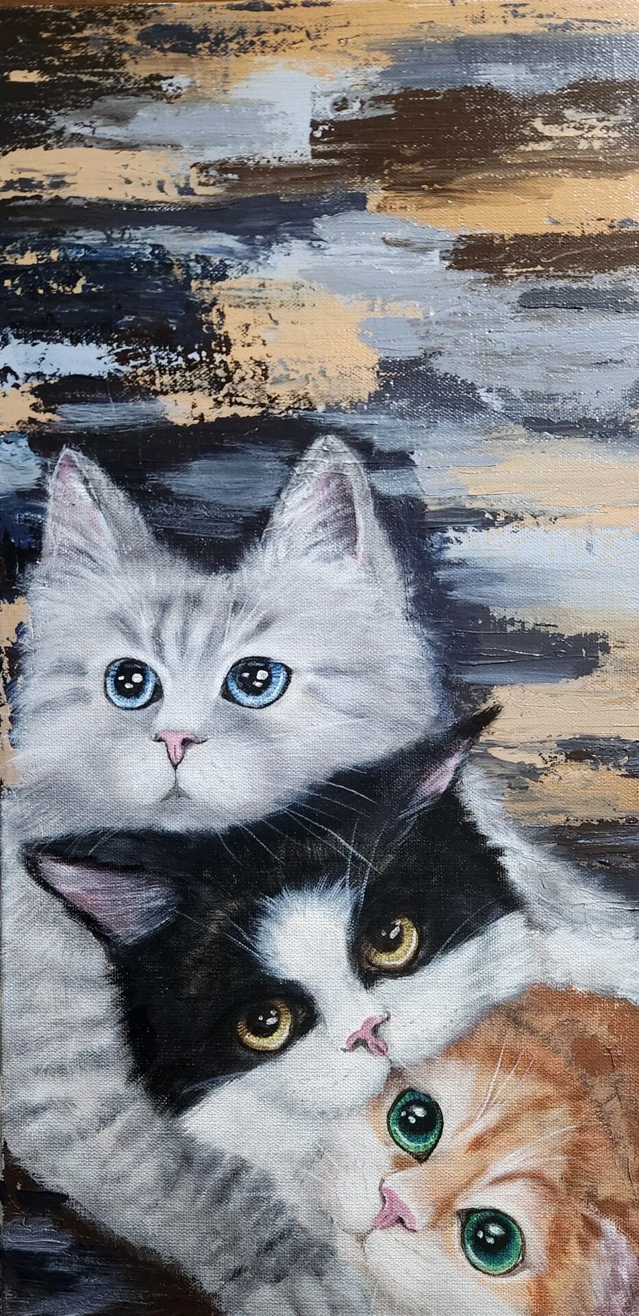 Mochi Cats 1 painting of three cuddled cats nestled closely together.