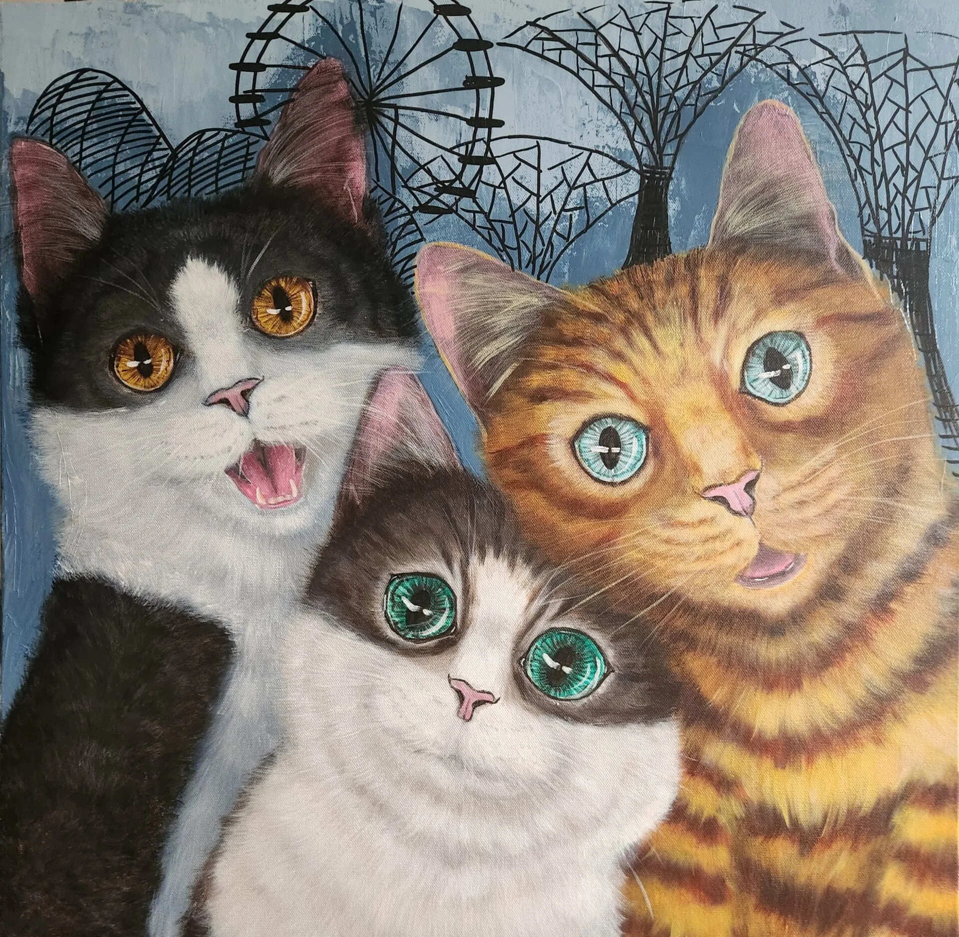 We-fie Cats Singapore painting of three expressive cats with the Singapore Flyer and Supertrees behind them.