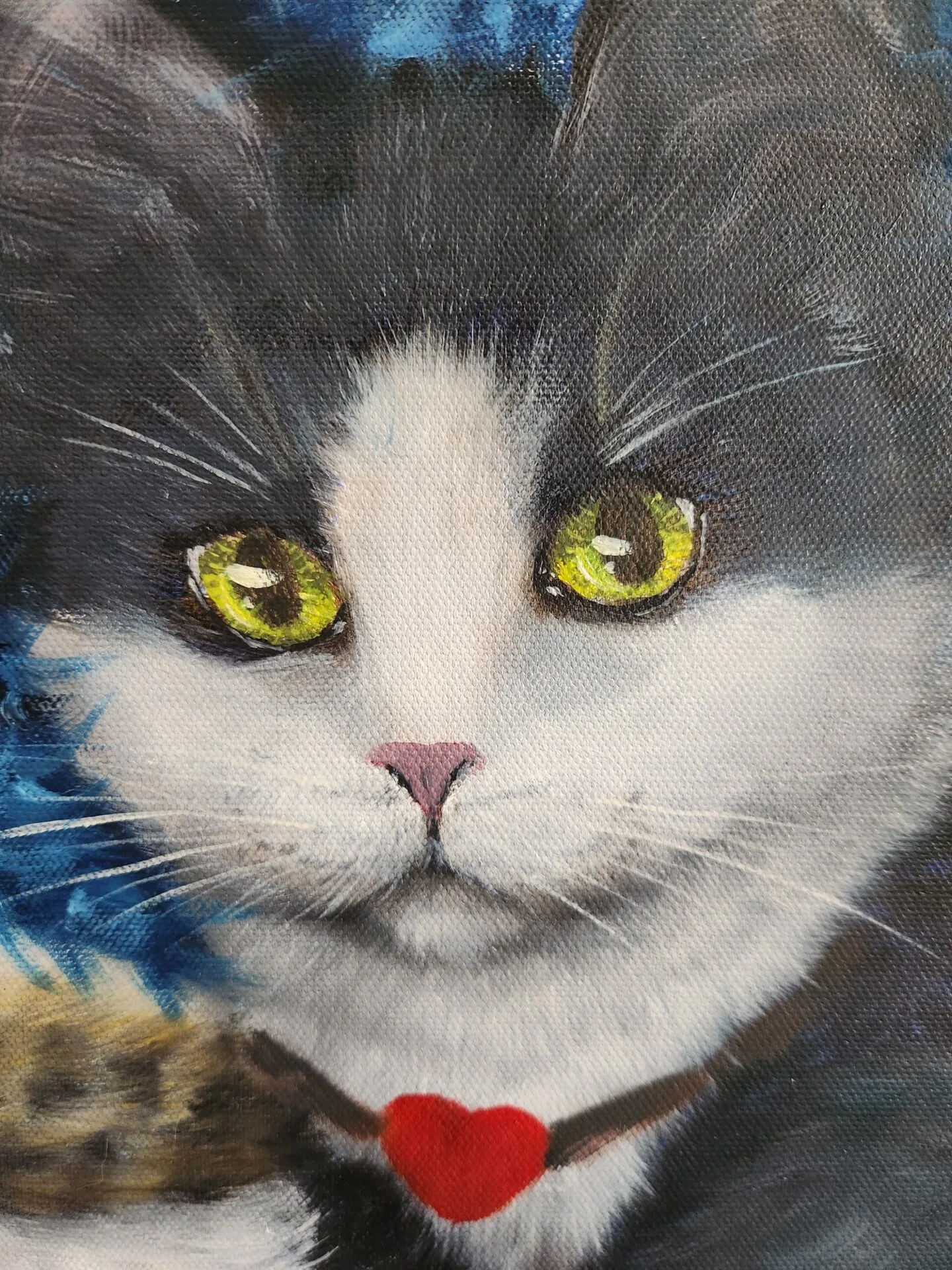 Danielle Art Original Acrylic and Oil Paintings Close-up painting of a black and white cat with bright yellow eyes and a red heart collar.
