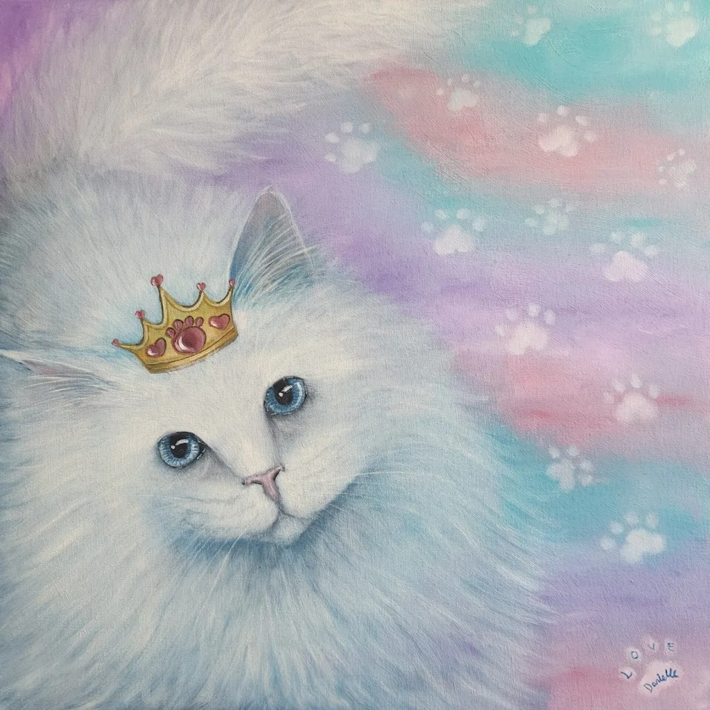 Danielle Art Original Acrylic and Oil Paintings Danielle Siauw painting: Little Princess, a fluffy white cat with blue eyes wearing a golden crown.