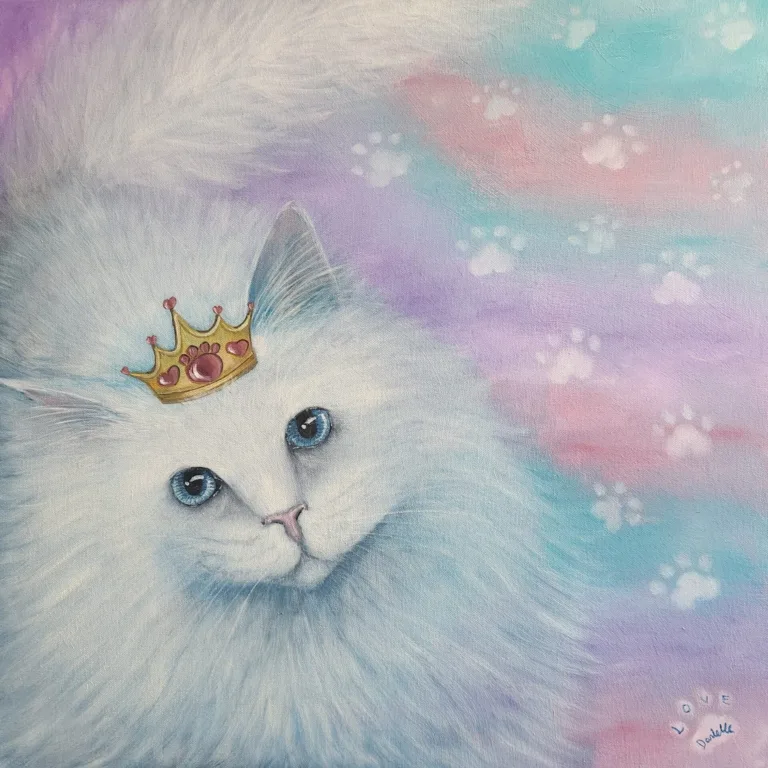 Little Princess cat painting of a white cat with blue eyes wearing a golden crown.