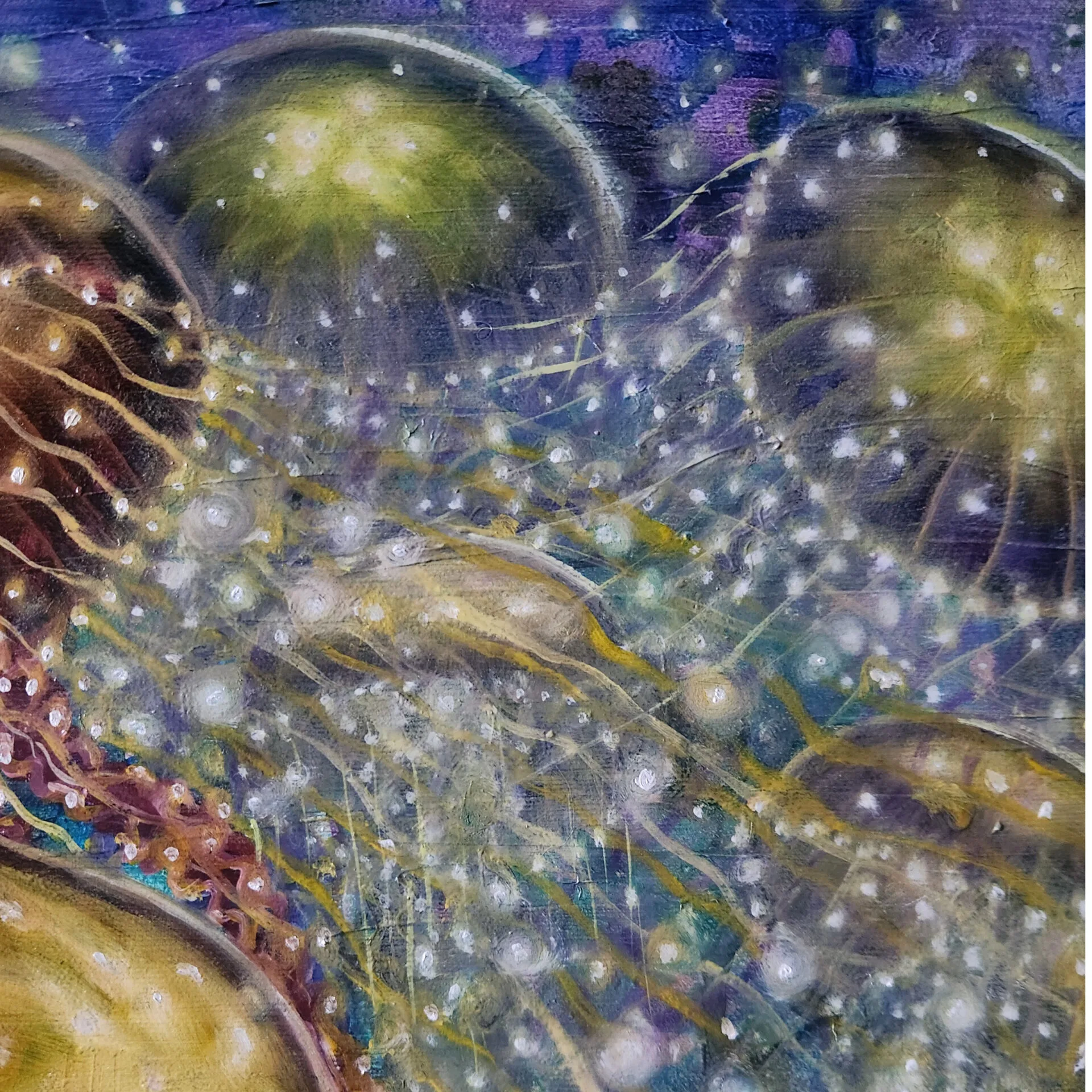 Danielle Art Original Acrylic and Oil Paintings Abstract painting of jellyfish in a starry, deep sea