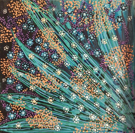 Danielle Art Original Acrylic and Oil Paintings Abstract dot painting in teal, orange, purple, and white on black. Danielle Siauw art.