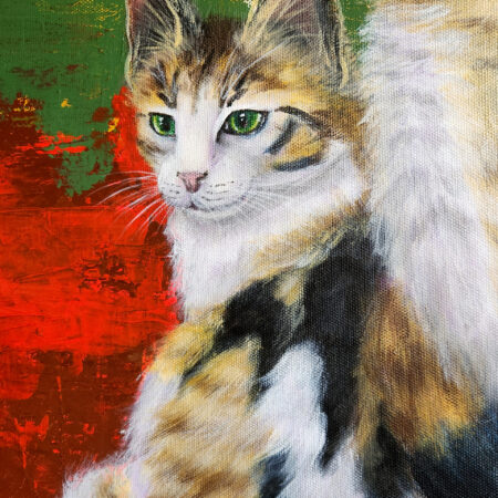 Danielle Art Original Acrylic and Oil Paintings Painting of a long-haired calico cat with bright green eyes, against a red and green background.