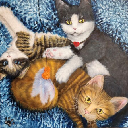 Danielle Art Original Acrylic and Oil Paintings Cuddle Puddle: Painting of three kittens playing on a fluffy blue rug with a cat toy