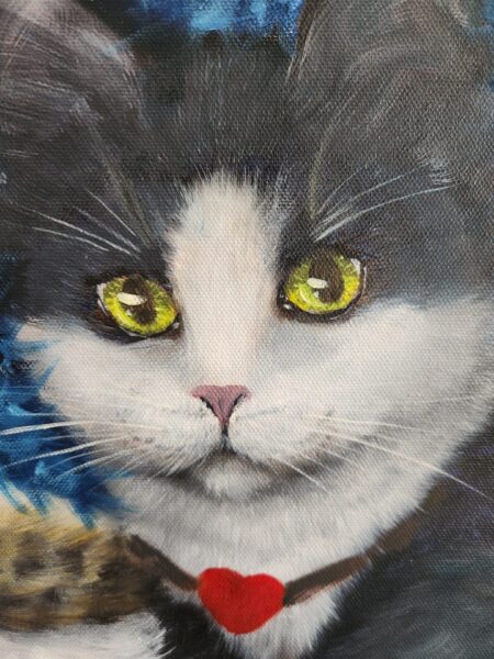 Danielle Art Original Acrylic and Oil Paintings Close-up painting of a black and white cat with bright yellow eyes and a red heart collar.