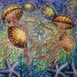 Jelly Fish underwater painting with glowing jellyfish, starfish and blue-green ocean light.