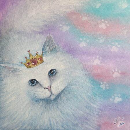 Danielle Art Original Acrylic and Oil Paintings Danielle Siauw painting: Little Princess, a fluffy white cat with blue eyes wearing a golden crown.