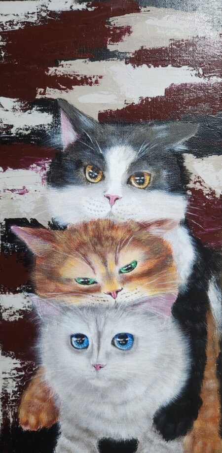 Danielle Art Original Acrylic and Oil Paintings Mochi Cat ll: Oil painting of three stacked cats with different colored eyes and fur.