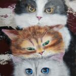 Danielle Art Original Acrylic and Oil Paintings Painting of three stacked cats with different eye colors.
