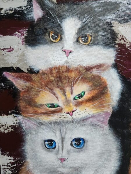 Danielle Art Original Acrylic and Oil Paintings Painting of three stacked cats with different eye colors.