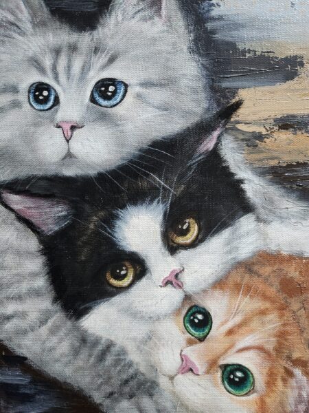 Danielle Art Original Acrylic and Oil Paintings Three cute cats with different eye colors stacked together