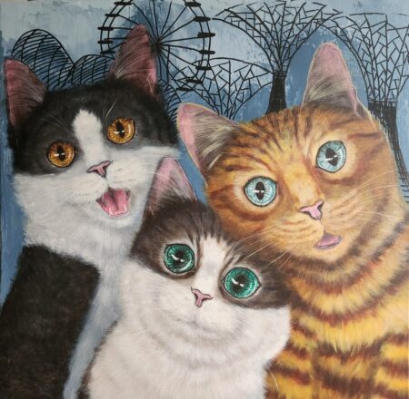 Danielle Art Original Acrylic and Oil Paintings We-fie Cats: Painting of three expressive cats with a ferris wheel and trees in the background.