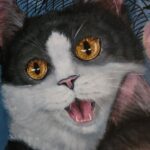 Danielle Art Original Acrylic and Oil Paintings We-fie Cats painting: Black and white cat with amber eyes and open mouth