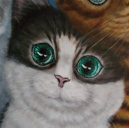 Danielle Art Original Acrylic and Oil Paintings We-fie Cats painting by Danielle Siauw: Close-up of a cat's face with striking green eyes.