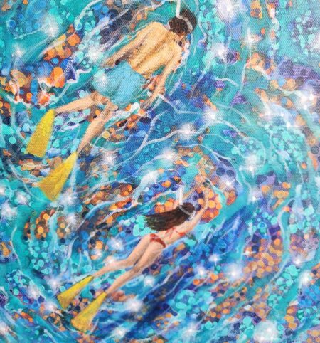Danielle Art Original Acrylic and Oil Paintings Couple snorkeling in vibrant turquoise water with yellow fins, enjoying a tropical vacation.