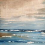 Serene seascape painting with soft blue waves and a muted beige horizon by Danielle Art.
