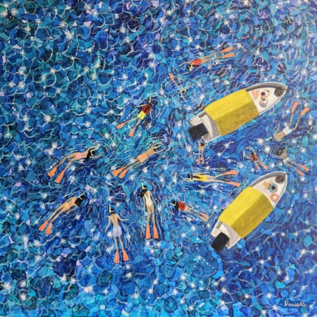 Danielle Art Original Acrylic and Oil Paintings Snorkelers swim near yellow boats in bright blue water. Art Over Coffee.