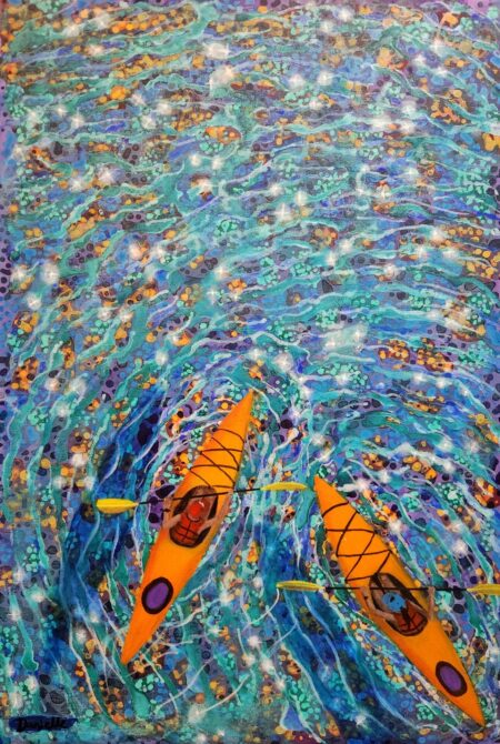 Danielle Art Original Acrylic and Oil Paintings Canoeing in Tioman: Two orange kayaks paddle through swirling, colorful water in this vibrant painting by Danielle Siauw.
