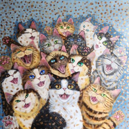 Danielle Art Original Acrylic and Oil Paintings Painting of many smiling cats, contemporary art exhibition