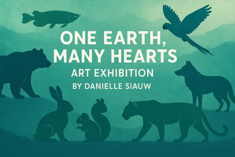 Danielle Art Original Acrylic and Oil Paintings One Earth, Many Hearts art exhibition poster featuring wildlife silhouettes by Danielle Siauw.