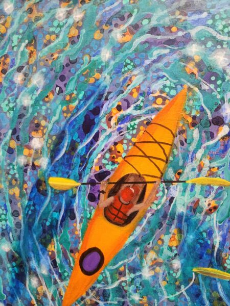 Danielle Art Original Acrylic and Oil Paintings Orange kayak in swirling blue water, abstract painting