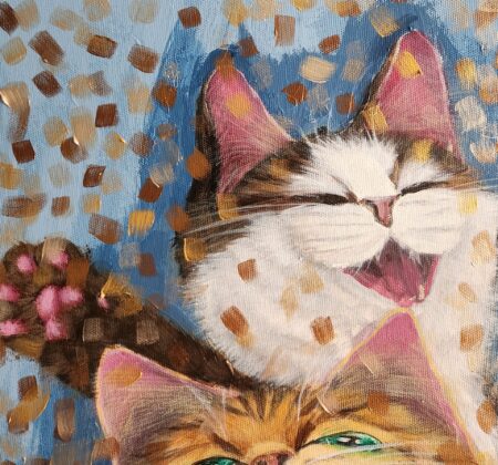 Danielle Art Original Acrylic and Oil Paintings Whimsical painting of two happy cats with pink ears and paws