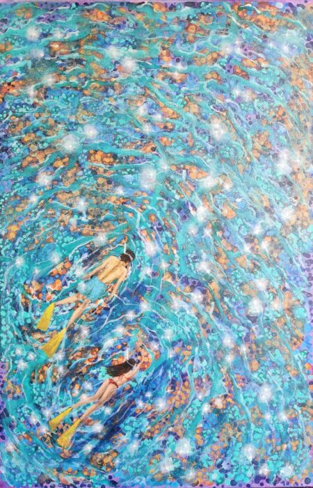 Danielle Art Original Acrylic and Oil Paintings Snorkeling in Tioman: Painting of a couple snorkeling in the ocean with colorful coral and sunlight.