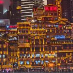 Danielle Art Original Acrylic and Oil Paintings Chongqing's illuminated Hongyadong complex at night, a grateful discovery.