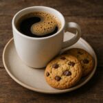 Danielle Art Original Acrylic and Oil Paintings Coffee in a mug with chocolate chip cookies on a plate. Gratitudes.