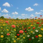 Danielle Art Original Acrylic and Oil Paintings Colorful zinnia flower field under a blue sky with puffy white clouds.