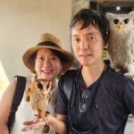 Danielle Art Original Acrylic and Oil Paintings Couple posing with owls, one on hand and one on shoulder. Grateful for my loving partner.