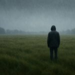 Danielle Art Original Acrylic and Oil Paintings Man in hood stands alone in field during rain, reflecting on lessons behind disappointment.