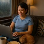 Danielle Art Original Acrylic and Oil Paintings Woman works on laptop with cat on lap during a rainy day, reflecting "The Comfort of Rain.