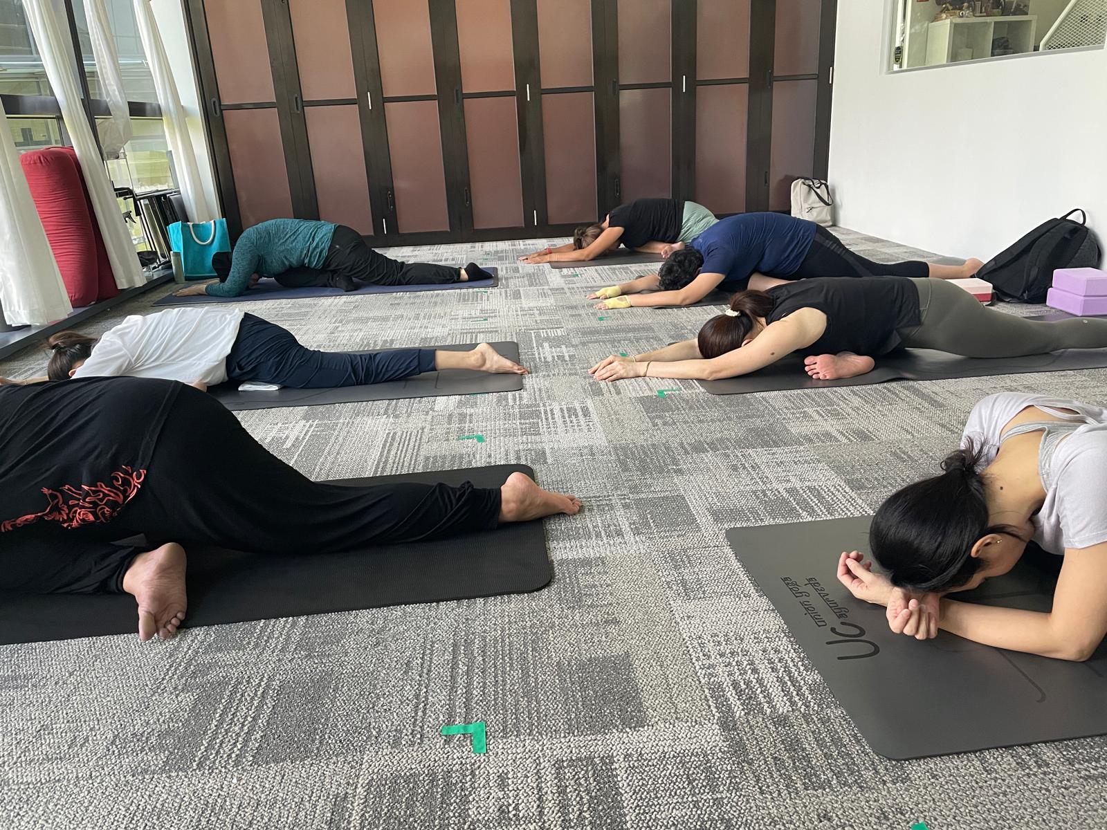 Danielle Art Original Acrylic and Oil Paintings Yoga practicing a restorative pose on mats. Grateful for healing through yoga.