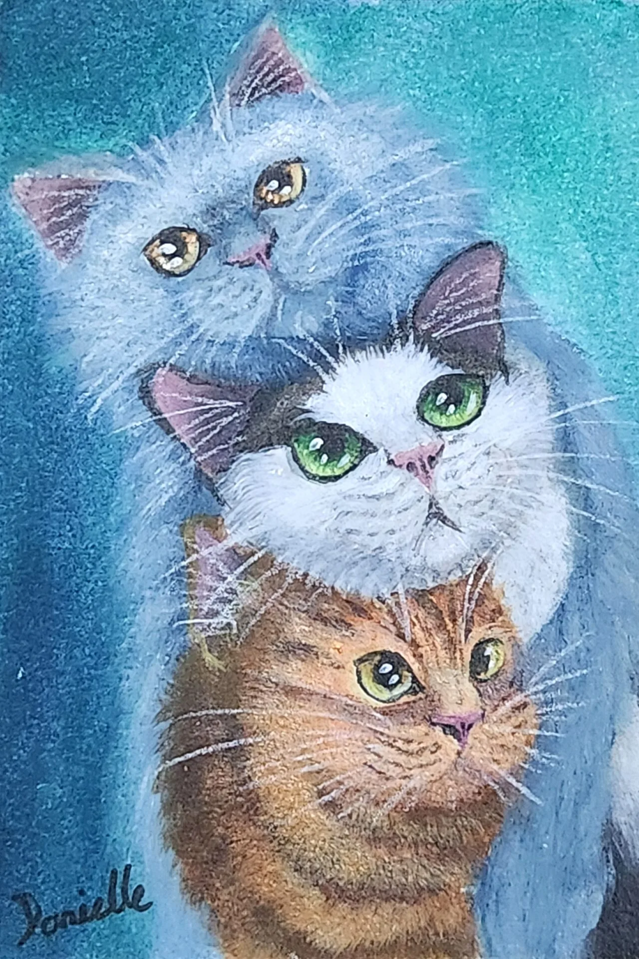 Mini Mochi Cats Stacked Curiosity painting of three curious cats stacked together.