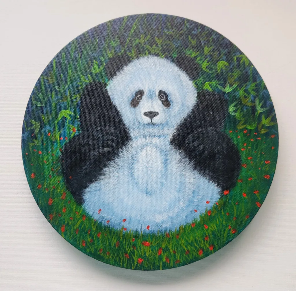 Playful Panda painting of a young panda in a sweet seated pose among bamboo and flowers.