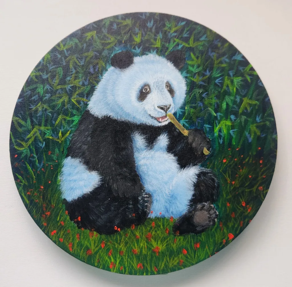 Snack Time Joy panda painting of a cheerful panda eating bamboo in lush greenery.