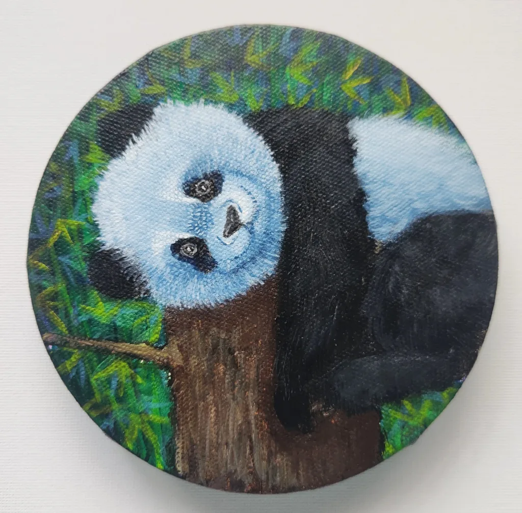 Sleepy Baby panda painting of a resting panda in a tree with bamboo by Danielle Art.
