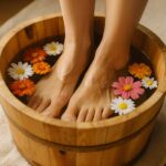 Danielle Art Original Acrylic and Oil Paintings Feet soaking in a wooden tub with colorful flowers, promoting foot reflexology and relaxation.