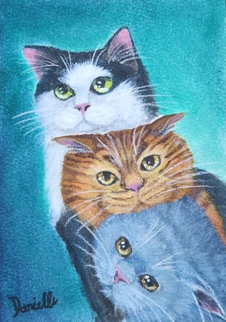 Danielle Art Original Acrylic and Oil Paintings Mini Mochi Cats: Watercolor painting of three cats snuggling, stacked in a cute pile.