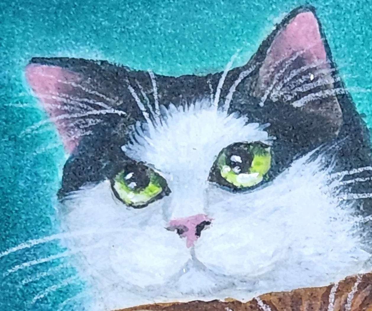 Danielle Art Original Acrylic and Oil Paintings Mini Mochi Cats – Stacked Curiosity: Painting of a black and white cat with bright green eyes.