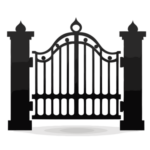Danielle Art Original Acrylic and Oil Paintings Ornate wrought iron gate with stone pillars, symbolizing gatekeepers.