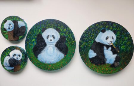 Danielle Art Original Acrylic and Oil Paintings Panda paintings on circular canvases, a grateful finish to an art project.