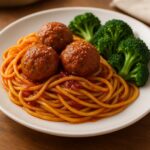 Danielle Art Original Acrylic and Oil Paintings Spaghetti with meatballs and broccoli, a home-cooked lunch made with love.