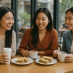 Danielle Art Original Acrylic and Oil Paintings Three smiling Asian women enjoying lunch and coffee at a cafe. Grateful for lunch with yoga classmates.