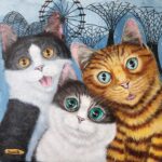 Danielle Art Original Acrylic and Oil Paintings Three cute cats pose in front of Singapore's Gardens by the Bay.